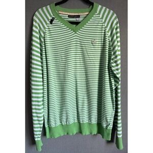 Rocawear Sweater Men Large Green Striped V Neck  100% Cotton Graphic Back Casual